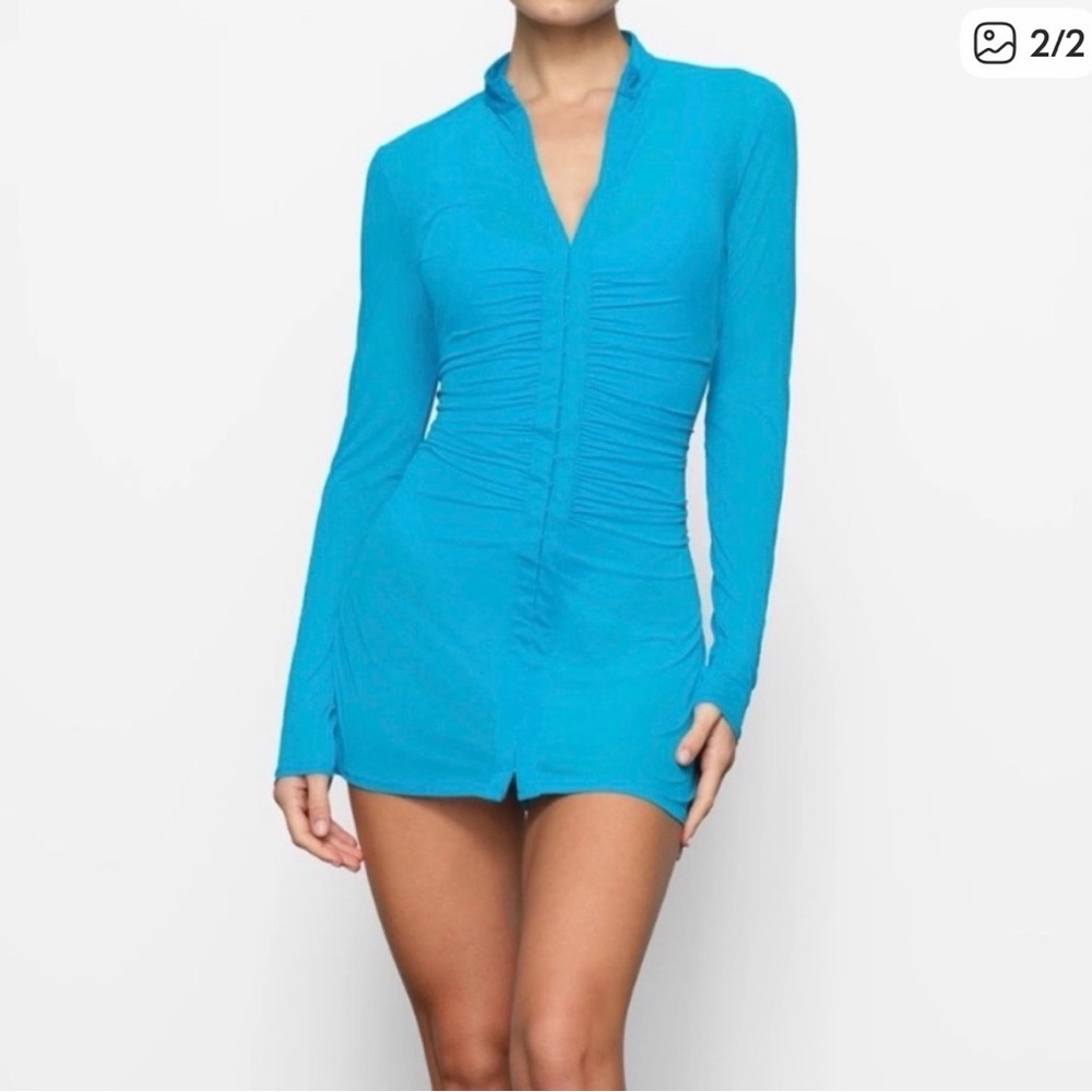 Blue Mesh Long Sleeve Swim Cover-Up
